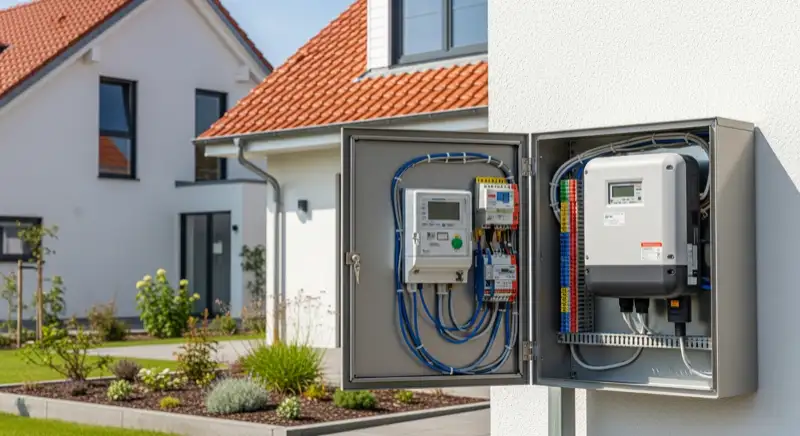 Modern German electrical meter cabinet (Zählerschrank) with smart meter and solar inverter connection, clean technical installation