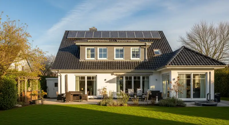 German detached house (Einfamilienhaus) with photovoltaic panels on pitched roof, well-maintained garden, warm afternoon sunlight
