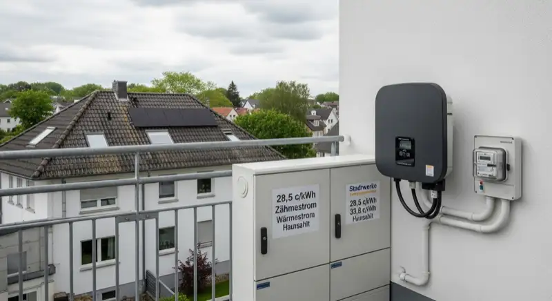 Modern German electrical meter cabinet (Zählerschrank) with smart meter and solar inverter connection, clean technical installation