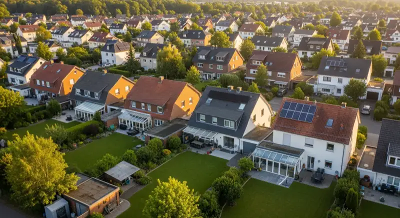 Aerial drone view of typical German residential neighborhood with mixed roof types, red and dark roof tiles, gardens visible, sunny day