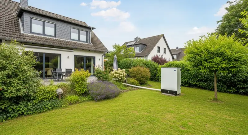 Typisches Einfamilienhaus in Bottrop mit moderner Luft-Wasser-Wärmepumpe im gepflegten Garten