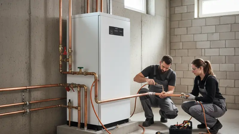 Energieberater zeigt Hauseigentümer die Wärmepumpen-Steuerung in Braunschweig