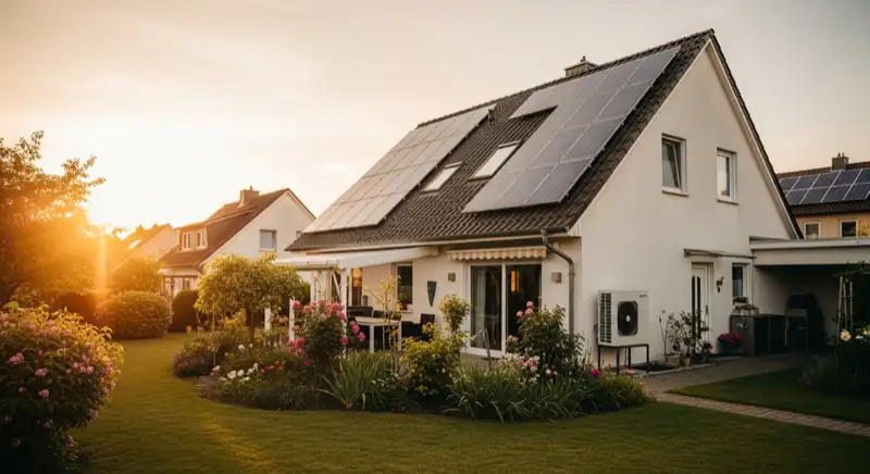 German detached house (Einfamilienhaus) with photovoltaic panels on pitched roof, well-maintained garden, warm afternoon sunlight