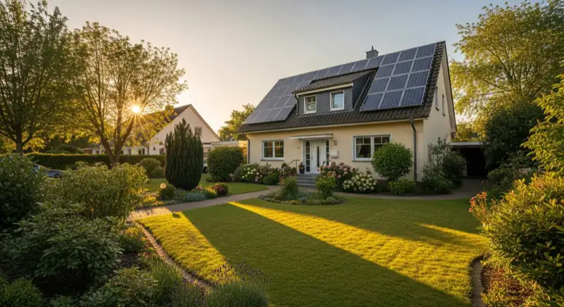 German detached house (Einfamilienhaus) with photovoltaic panels on pitched roof, well-maintained garden, warm afternoon sunlight
