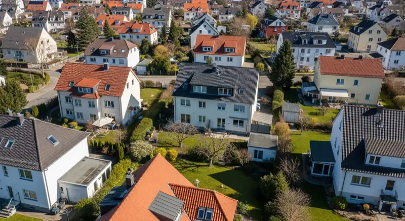Aerial drone view of typical German residential neighborhood with mixed roof types, red and dark roof tiles, gardens visible, sunny day