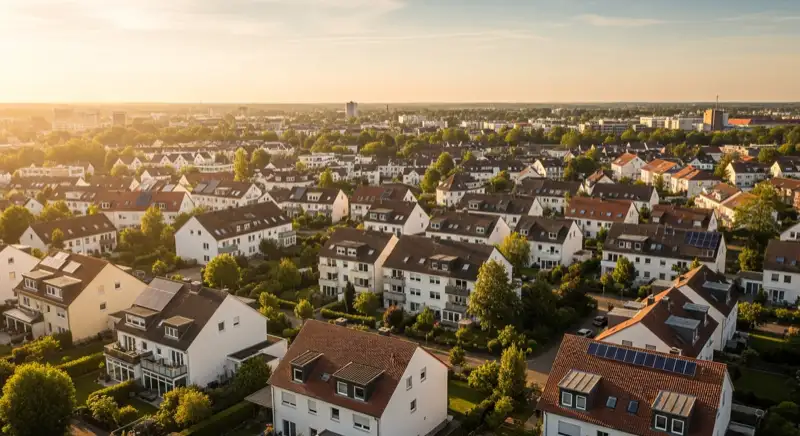 Aerial drone view of typical German residential neighborhood with mixed roof types, red and dark roof tiles, gardens visible, sunny day