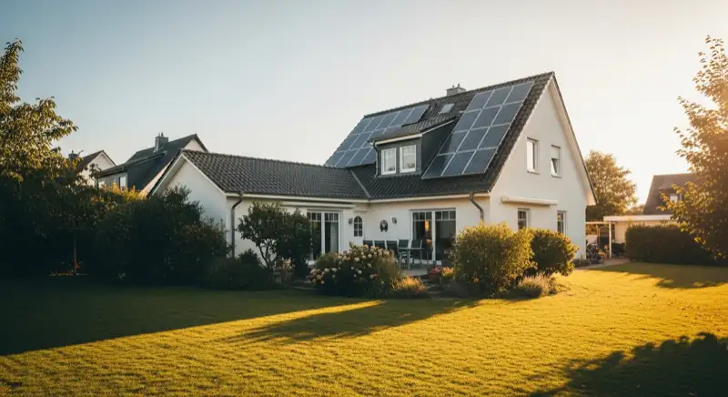 German detached house (Einfamilienhaus) with photovoltaic panels on pitched roof, well-maintained garden, warm afternoon sunlight