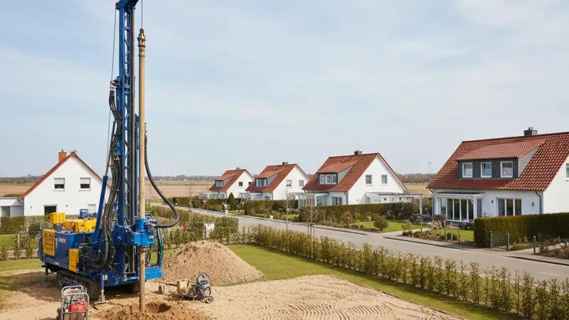 Erdwärmebohrung im Garten eines Braunschweiger Einfamilienhauses in der Norddeutschen Tiefebene