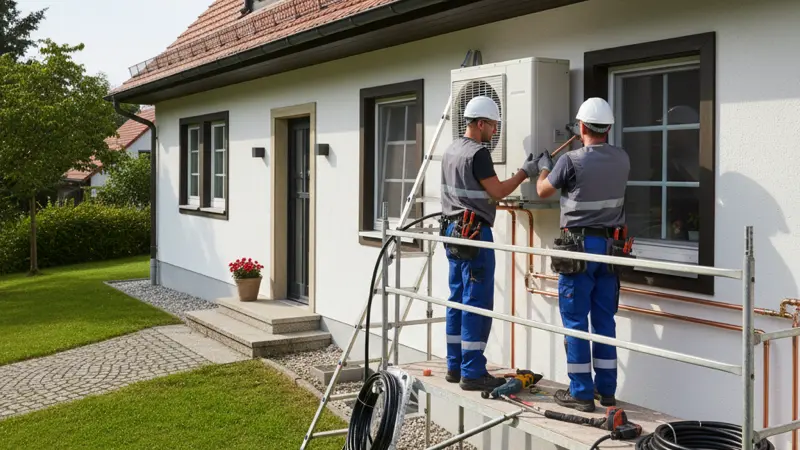 Heizungsinstallateur montiert Wärmepumpe an einem Braunschweiger Reihenhaus aus den 1960er Jahren