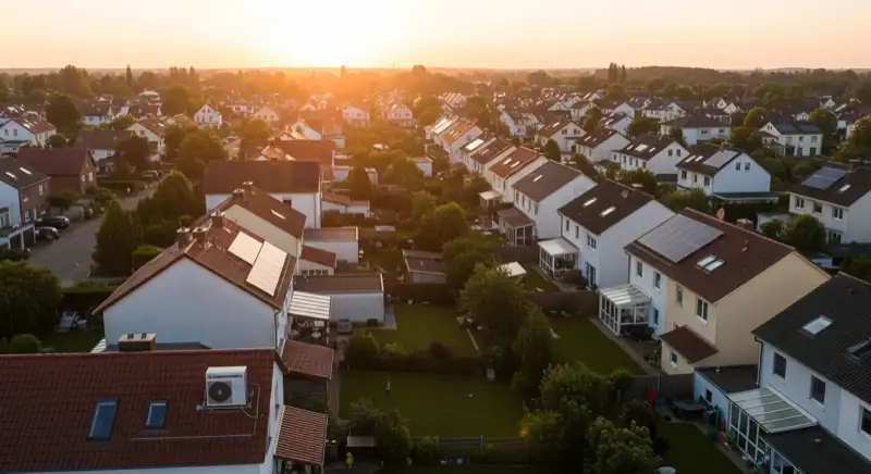 Aerial drone view of typical German residential neighborhood with mixed roof types, red and dark roof tiles, gardens visible, sunny day