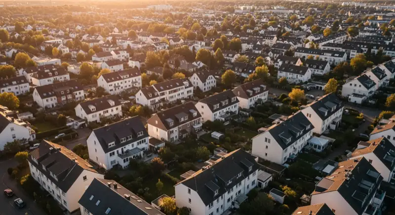 Aerial drone view of typical German residential neighborhood with mixed roof types, red and dark roof tiles, gardens visible, sunny day