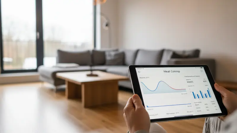 Smart-Home-Steuerung einer Wärmepumpe auf einem Tablet in einem modernen Braunschweiger Wohnzimmer
