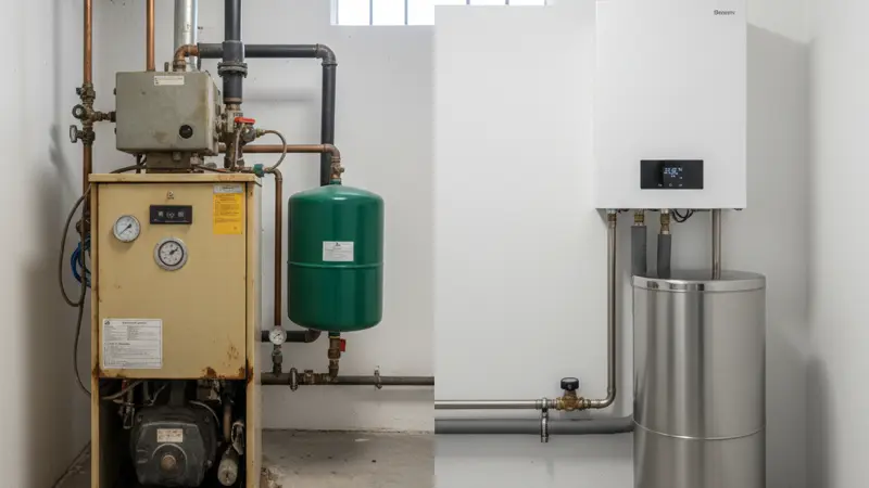 Vorher und nachher: Alte Gasheizung neben moderner Wärmepumpe in einem Braunschweiger Einfamilienhaus