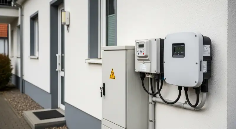Modern German electrical meter cabinet (Zählerschrank) with smart meter and solar inverter connection, clean technical installation