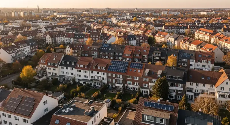 Aerial drone view of typical German residential neighborhood with mixed roof types, red and dark roof tiles, gardens visible, sunny day