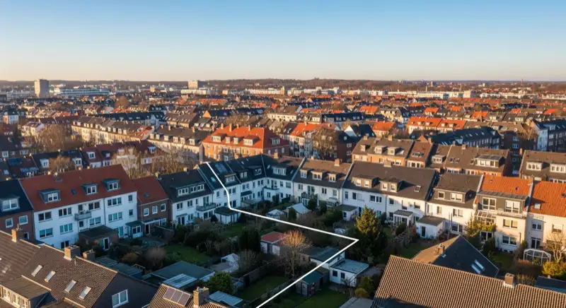 Aerial drone view of typical German residential neighborhood with mixed roof types, red and dark roof tiles, gardens visible, sunny day