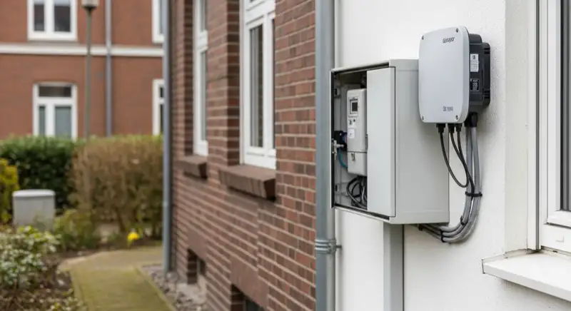 Modern German electrical meter cabinet (Zählerschrank) with smart meter and solar inverter connection, clean technical installation