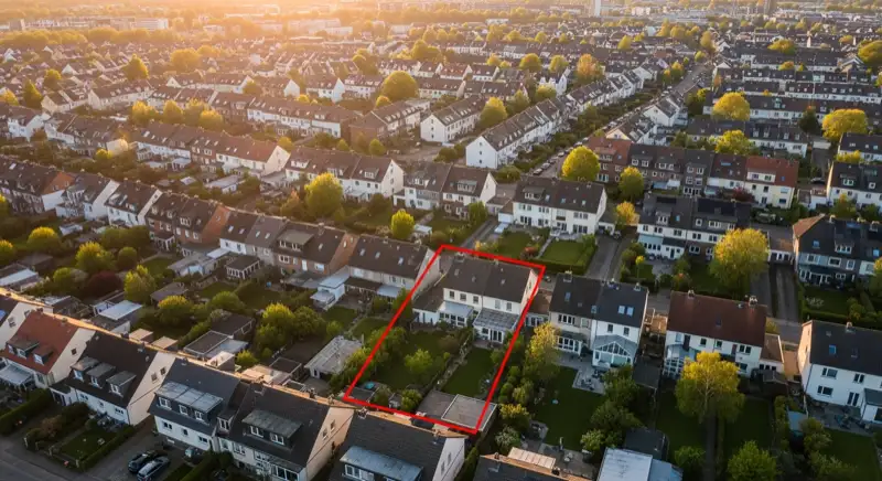 Aerial drone view of typical German residential neighborhood with mixed roof types, red and dark roof tiles, gardens visible, sunny day