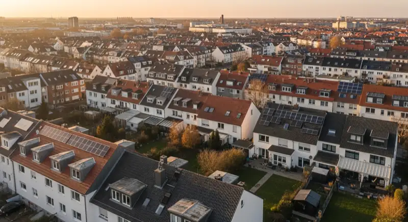 Aerial drone view of typical German residential neighborhood with mixed roof types, red and dark roof tiles, gardens visible, sunny day