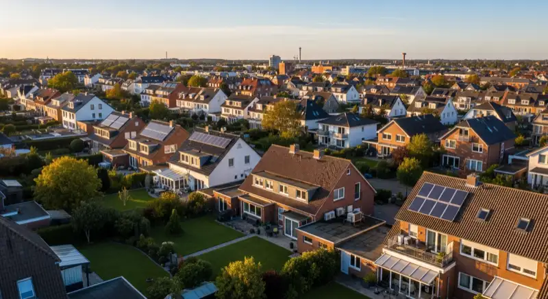Aerial drone view of typical German residential neighborhood with mixed roof types, red and dark roof tiles, gardens visible, sunny day
