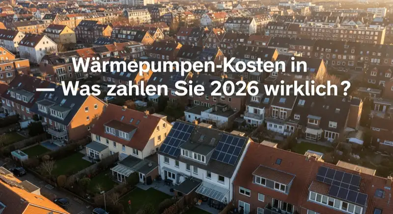 Aerial drone view of typical German residential neighborhood with mixed roof types, red and dark roof tiles, gardens visible, sunny day