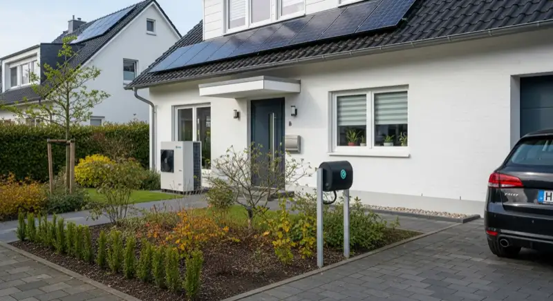 Modernes Einfamilienhaus in Bremerhaven mit Wärmepumpe im Vorgarten, Solarmodulen auf dem Dach und Wallbox in der Einfahrt