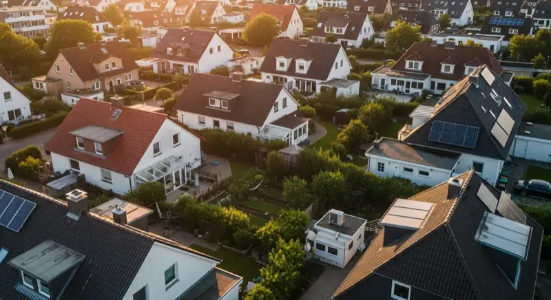 Aerial drone view of typical German residential neighborhood with mixed roof types, red and dark roof tiles, gardens visible, sunny day