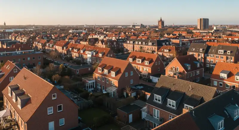 Aerial drone view of typical German residential neighborhood with mixed roof types, red and dark roof tiles, gardens visible, sunny day