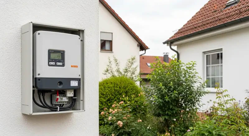 Modern German electrical meter cabinet (Zählerschrank) with smart meter and solar inverter connection, clean technical installation
