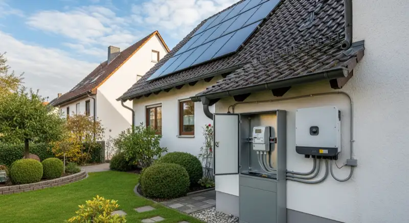 Modern German electrical meter cabinet (Zählerschrank) with smart meter and solar inverter connection, clean technical installation