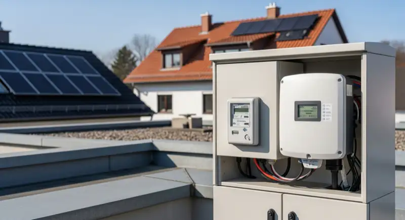 Modern German electrical meter cabinet (Zählerschrank) with smart meter and solar inverter connection, clean technical installation