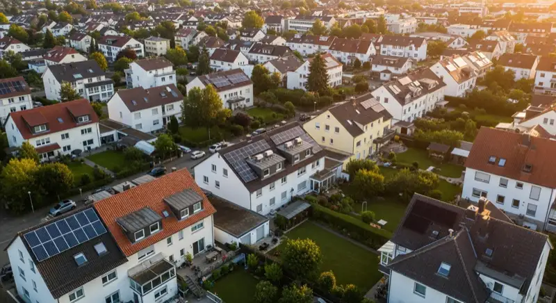 Aerial drone view of typical German residential neighborhood with mixed roof types, red and dark roof tiles, gardens visible, sunny day