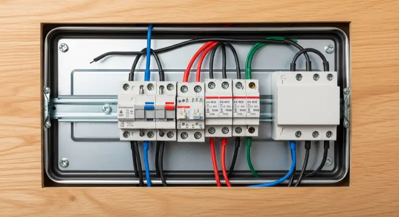 Modern German electrical meter cabinet (Zählerschrank) with smart meter and solar inverter connection, clean technical installation