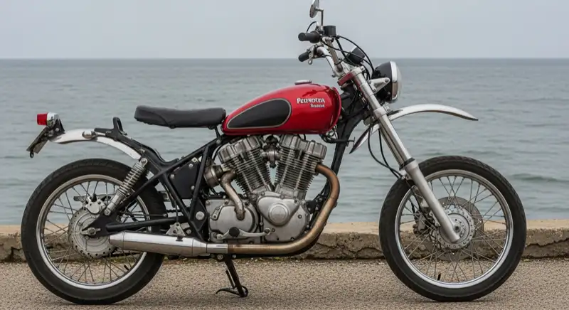Aerial drone view of typical German residential neighborhood with mixed roof types, red and dark roof tiles, gardens visible, sunny day