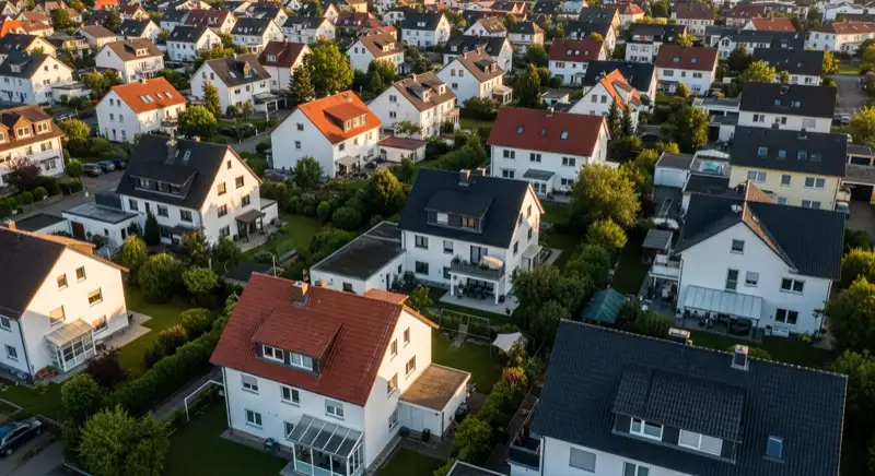 Aerial drone view of typical German residential neighborhood with mixed roof types, red and dark roof tiles, gardens visible, sunny day