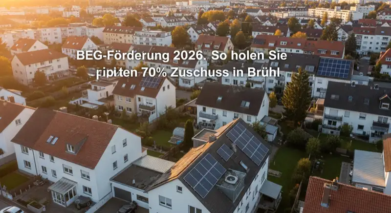 Aerial drone view of typical German residential neighborhood with mixed roof types, red and dark roof tiles, gardens visible, sunny day