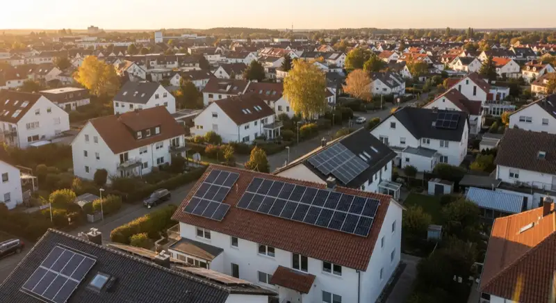 Aerial drone view of typical German residential neighborhood with mixed roof types, red and dark roof tiles, gardens visible, sunny day