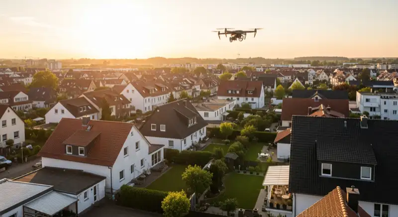 Aerial drone view of typical German residential neighborhood with mixed roof types, red and dark roof tiles, gardens visible, sunny day