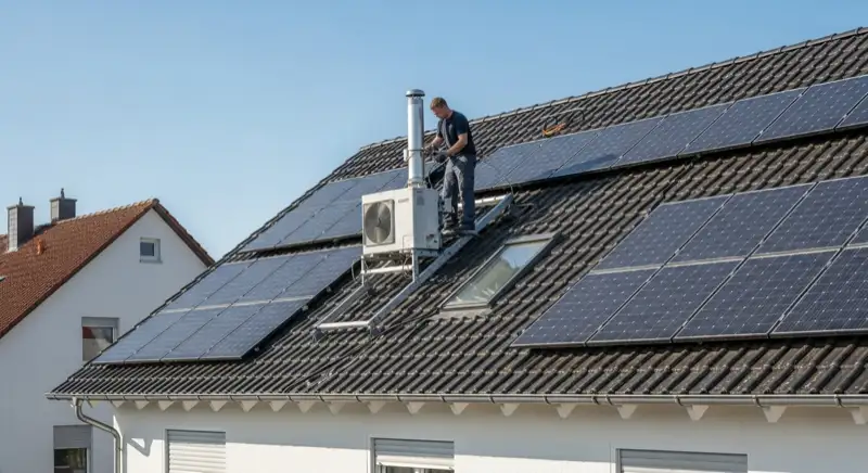 Installateur montiert Wärmepumpe vor Einfamilienhaus in Brühl