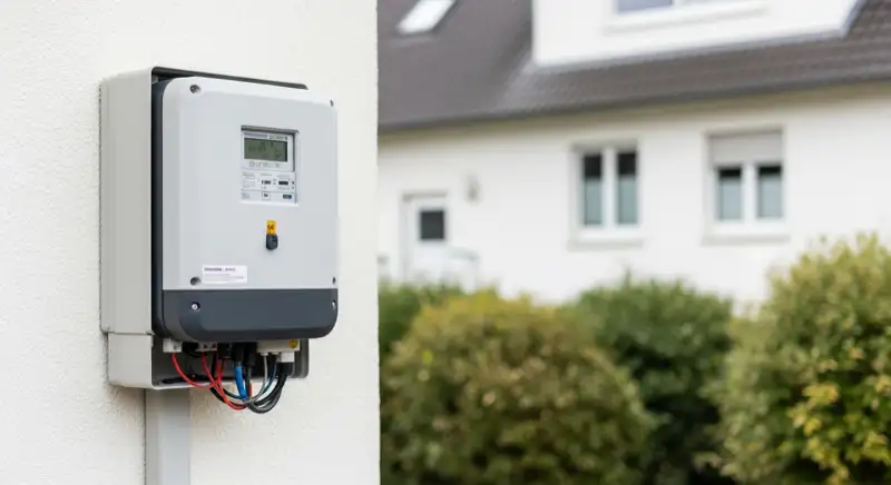 Modern German electrical meter cabinet (Zählerschrank) with smart meter and solar inverter connection, clean technical installation