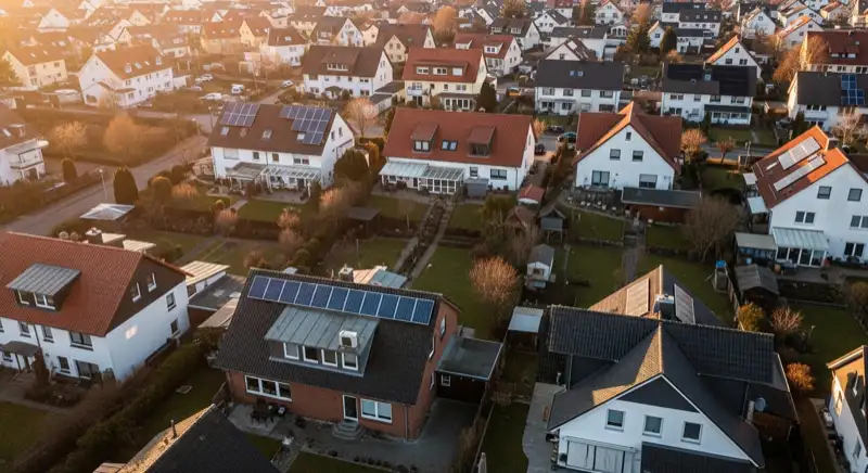 Aerial drone view of typical German residential neighborhood with mixed roof types, red and dark roof tiles, gardens visible, sunny day