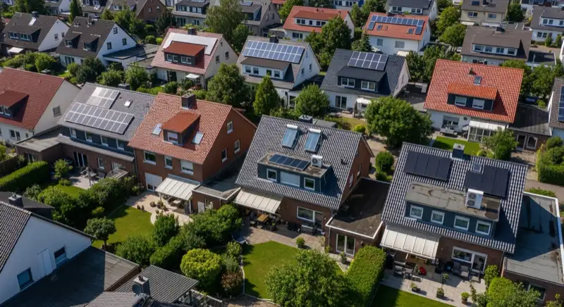 Aerial drone view of typical German residential neighborhood with mixed roof types, red and dark roof tiles, gardens visible, sunny day