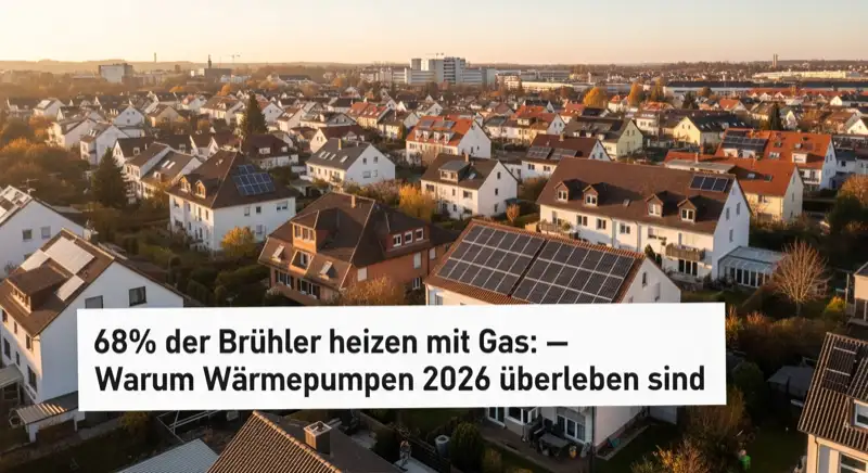 Aerial drone view of typical German residential neighborhood with mixed roof types, red and dark roof tiles, gardens visible, sunny day