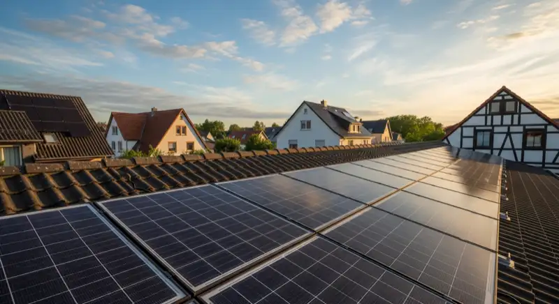Close-up of photovoltaic solar panels installed on a traditional German Satteldach (gabled roof), blue sky with some clouds