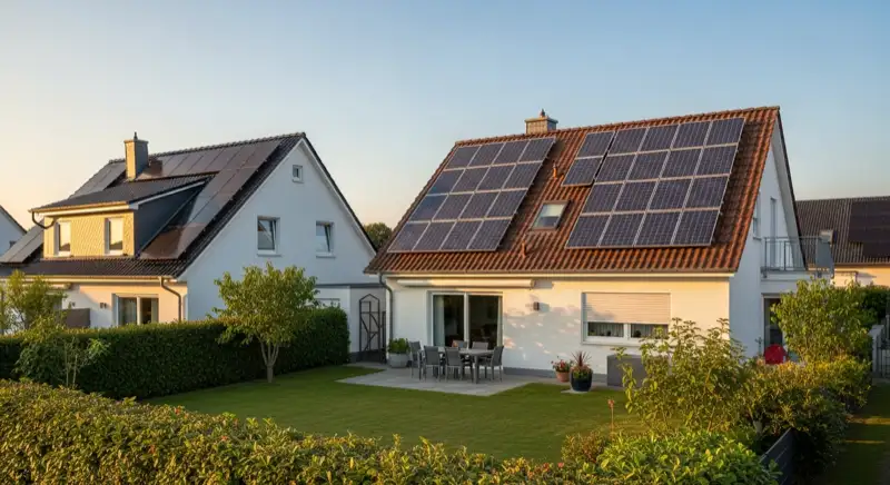 German detached house (Einfamilienhaus) with photovoltaic panels on pitched roof, well-maintained garden, warm afternoon sunlight
