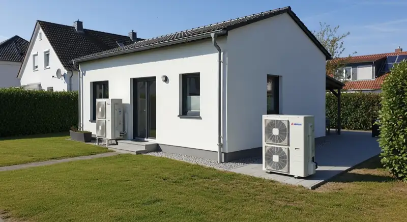 Aerial drone view of typical German residential neighborhood with mixed roof types, red and dark roof tiles, gardens visible, sunny day