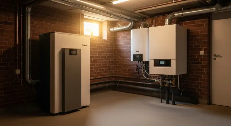 Hybrid-Wärmepumpe Außeneinheit neben modernem Gasbrennwertkessel im Keller eines Bünder Einfamilienhauses