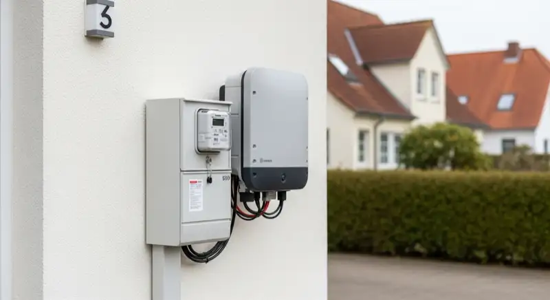 Modern German electrical meter cabinet (Zählerschrank) with smart meter and solar inverter connection, clean technical installation