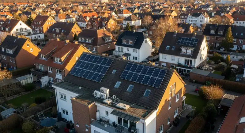 Aerial drone view of typical German residential neighborhood with mixed roof types, red and dark roof tiles, gardens visible, sunny day