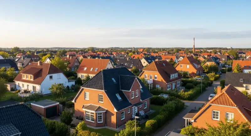 Aerial drone view of typical German residential neighborhood with mixed roof types, red and dark roof tiles, gardens visible, sunny day